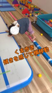 【くま歩き　傾きを感じて横移動】

普段使ってるエアーマット、紙パック平均台、プールスティック平均台を使ってくま歩き。

「こんなの簡単だよ〜」と言いながら、

①手をエアーマット、足を平均台に置いて横移動しています。足場が狭く安定性が確保しにくいので落ちないように足元に目線を向けながら慎重に進んでいます。指をしっかり開き体重を手のひらにもかけながら腕立てのような姿勢を保持し、移動しています。

②手を平均台側、足をエアーマット側に置いて頭が少し下がるような形でくま歩き。
①とは違い足場が安定しているので頭が下がっていますがスムーズな移動でした。手が平均台側なので指でしっかり握りながら横移動している様子の違いがわかりますね。

どちらも壁倒立での移動などが難しいお子さんなどの導入段階としても取り入れやすいです。
傾きを感じるのが苦手なお子さんもまずは傾きの浅い段階で楽しめるのがよいと思います。
ご家庭だとソファーを使う。布団を丸める。などの方法も考えられそうですね。

少し難易度調整するならば所々にカラーボールを転がしておきマーカーに乗せる、箱・ケースに入れるなどの操作性を含んだあそびへの展開も面白いと思います。

まずはお子さんが達成感も感じやすい難易度で自信を持ち、楽しめる提案が望ましいですね。

#療育 
#保育
#発達支援
#児童発達支援 
#子どもの成長 
#全ての学びはあそびから